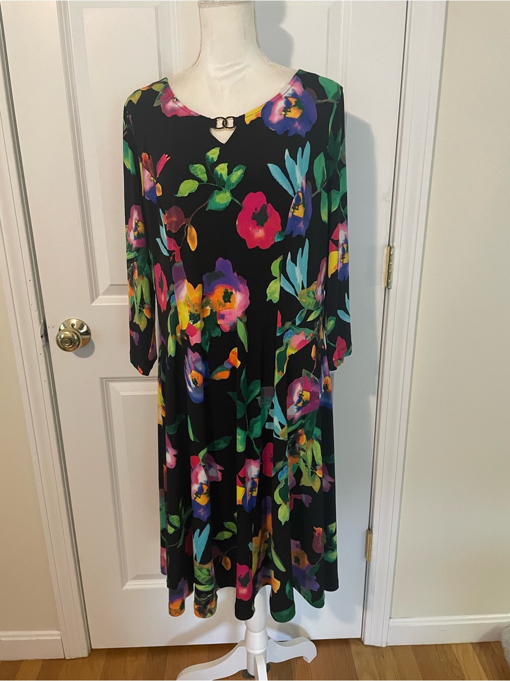 Susan Graver Black Long-Sleeve Floral Midi Dress